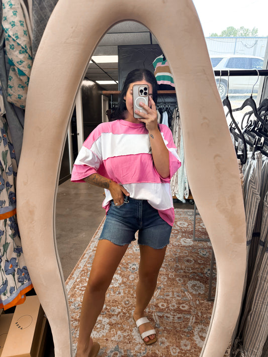 Polly Color Block Top - Pink & White Tee