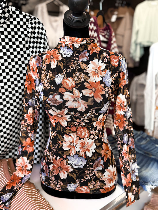 Black Floral Mesh Top