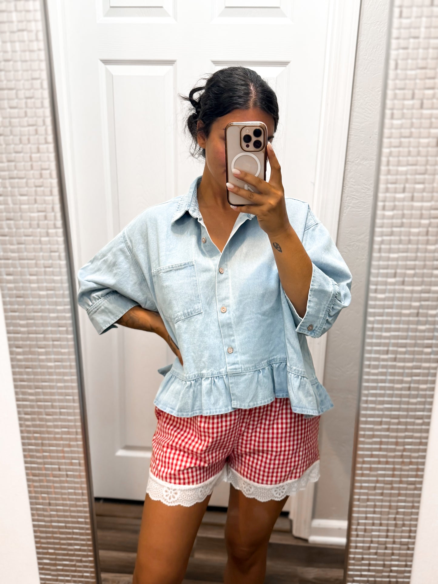 Washed Denim Ruffled Top