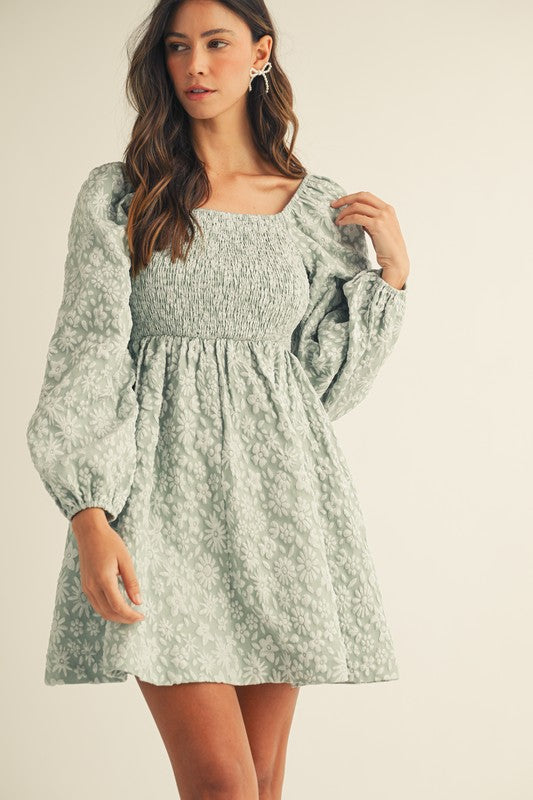 Floral Jacquard Smocked Baby Doll Dress