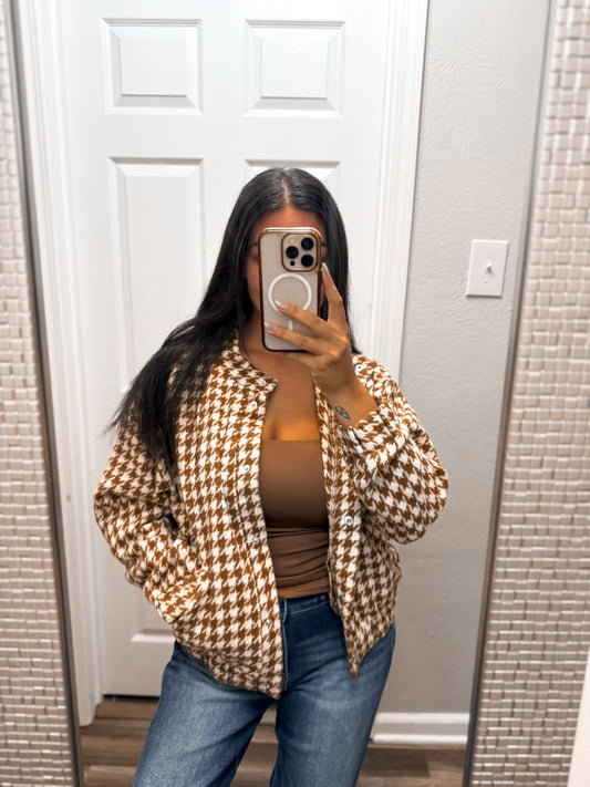 Houndstooth Snap Button Bomber Jacket