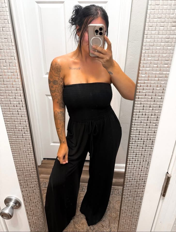 Smocked Wide Leg Jumpsuit- Black