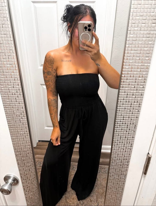 Smocked Wide Leg Jumpsuit- Black