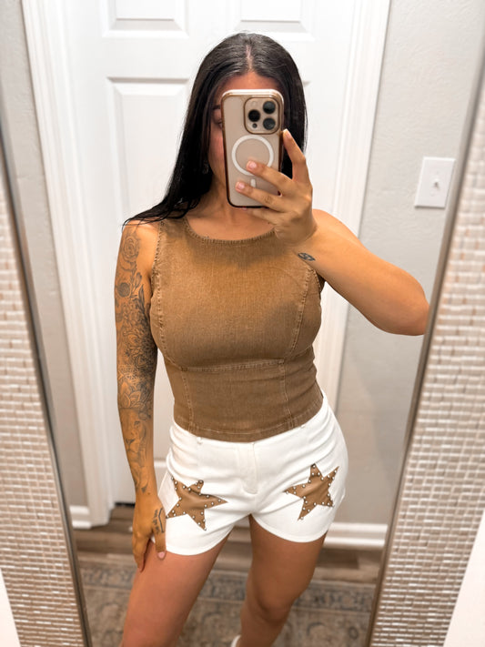 Cowboy Chasing Brown Denim Stretch Top