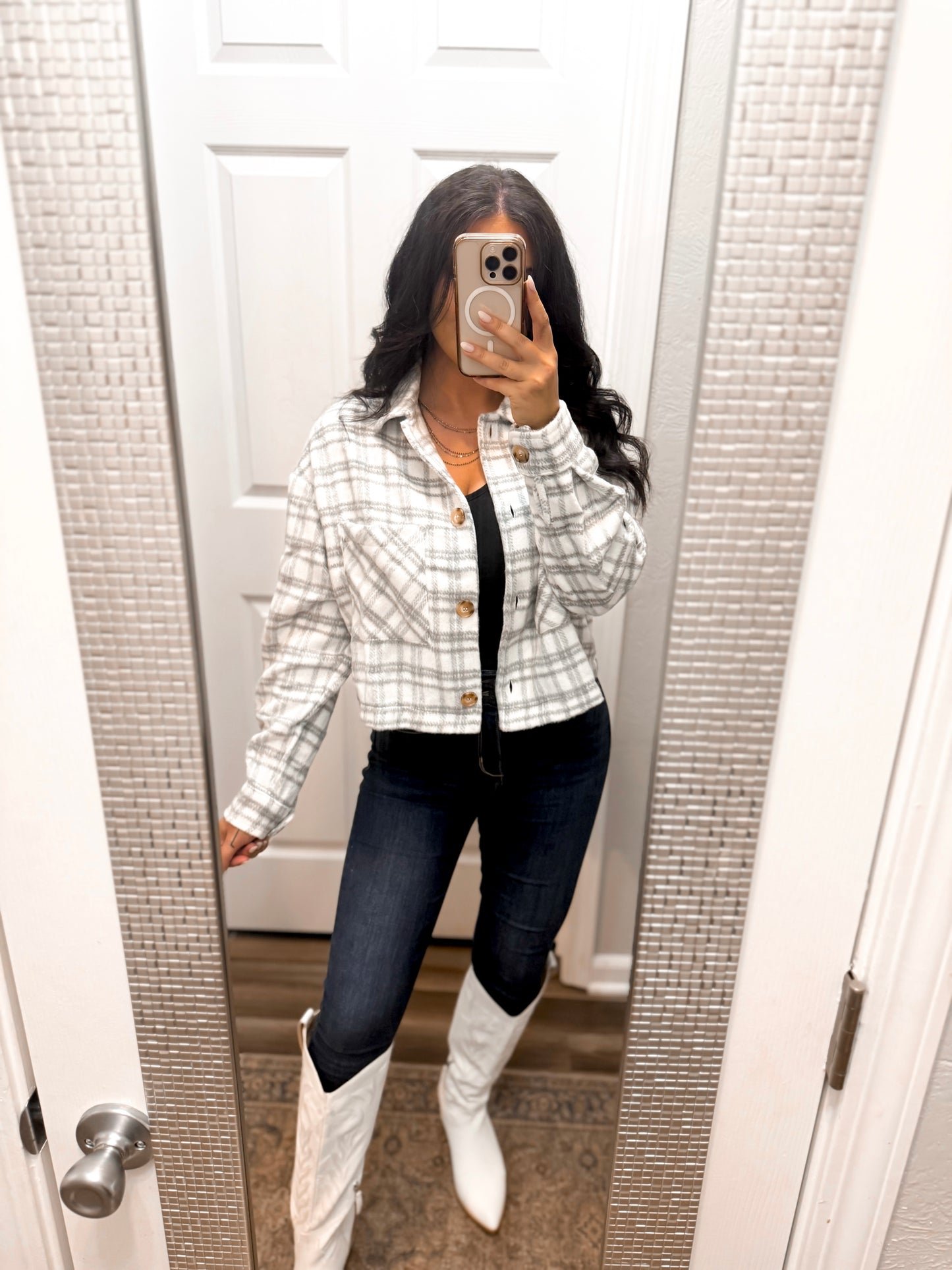 Plaid Button Down Jacket- Grey