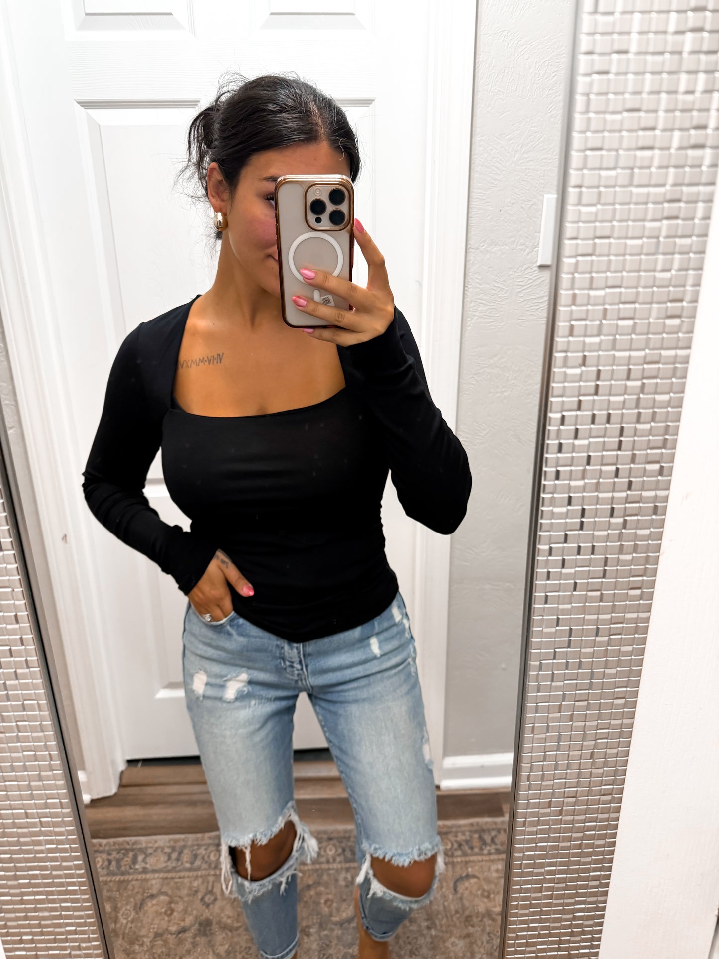 Fall Staple Square Neck Top-Black