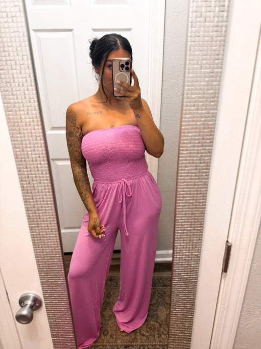 Smocked Wide Leg Jumpsuit-Pink