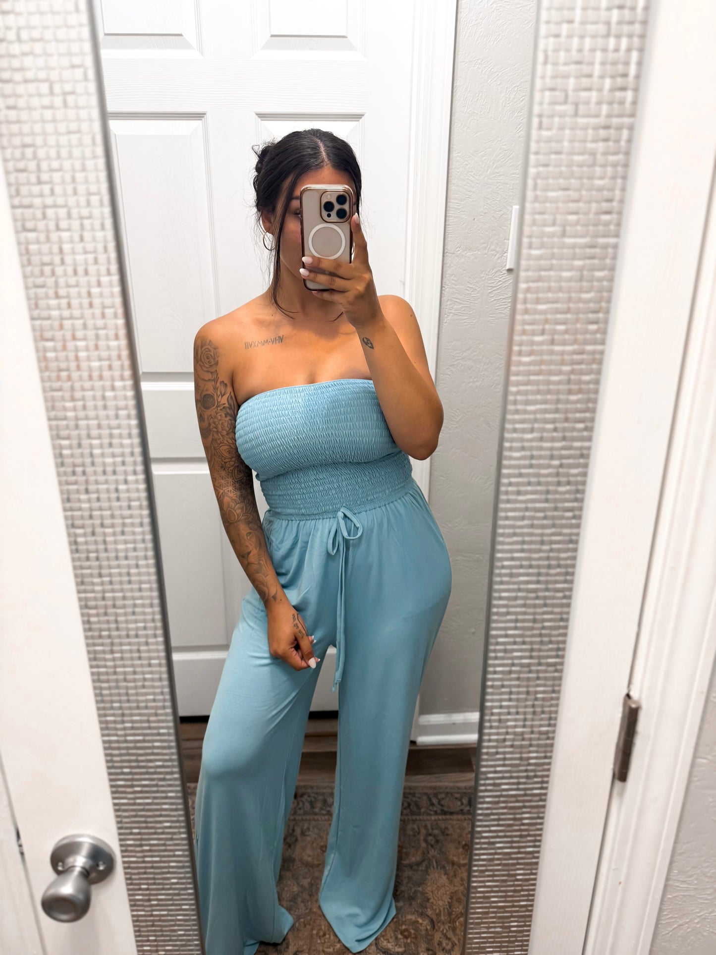 Smocked Wide Leg Jumpsuit- Dusty Teal
