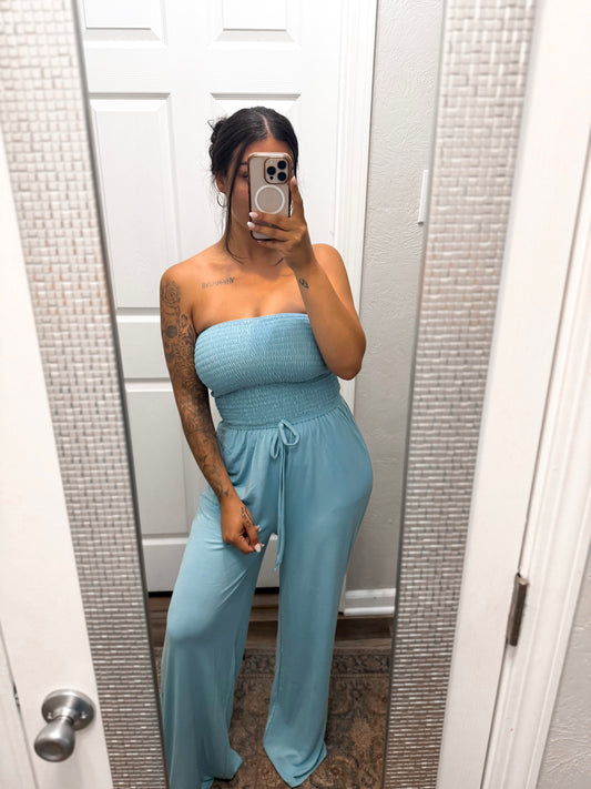 Smocked Wide Leg Jumpsuit- Dusty Teal