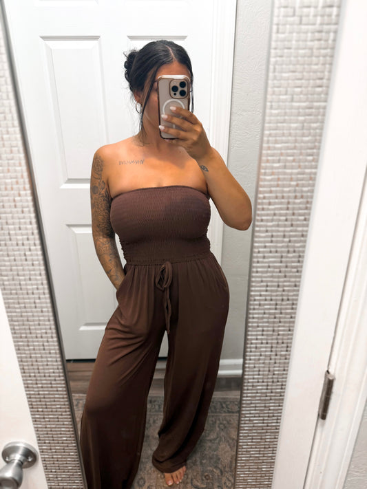 Smocked Wide Leg Jumpsuit- Brown