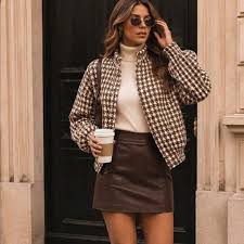 Houndstooth Snap Button Bomber Jacket